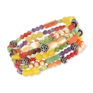 Multi-Gemstone Jewelry Set: Five Bead Stretch Bracelets with Sterling Silver