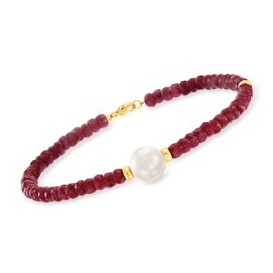 9-10mm Cultured Pearl and 22.00 ct. t.w. Ruby Bead Bracelet with 14kt Yellow Gold