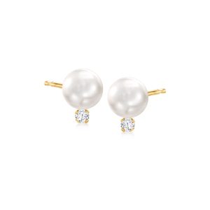 7-7.5mm Cultured Akoya Pearl and .10 ct. t.w. Diamond Earrings in 14kt Yellow Gold