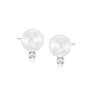 7-7.5mm Cultured Akoya Pearl and .10 ct. t.w. Diamond Stud Earrings in 14kt White Gold