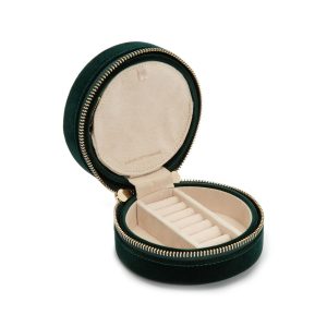 WOLF "Zoe" Forest Green Velvet Floral Round Jewelry Travel Case