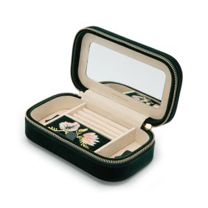 WOLF "Zoe" Forest Green Velvet Floral Jewelry Travel Case