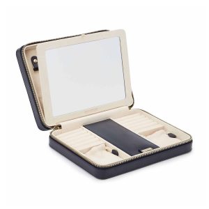 WOLF "Maria" Navy Leather Large Jewelry Zip Case