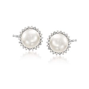 7-7.5mm Cultured Button Pearl and .13 ct. t.w. Diamond Stud Earrings in Sterling Silver