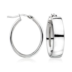 Italian 14kt White Gold Oval Hoop Earrings. 1"