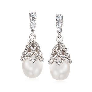 7-7.5mm Cultured Pearl and .15 ct. t.w. CZ Drop Earrings in Sterling Silver