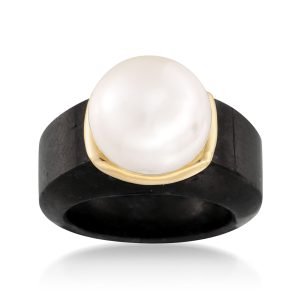 13-13.5mm Cultured Pearl and Black Jade Ring with 14kt Yellow Gold