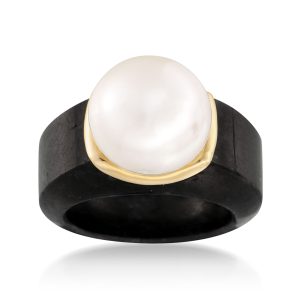 13-13.5mm Cultured Pearl and Black Jade Ring with 14kt Yellow Gold