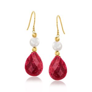 20.00 ct. t.w. Ruby and Cultured Pearl Earrings in 14kt Yellow Gold