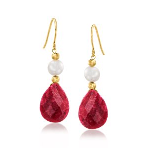 20.00 ct. t.w. Ruby and Cultured Pearl Earrings in 14kt Yellow Gold