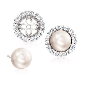 7.5mm Cultured Pearl and 1.10 ct. t.w. CZ Jewelry Set: Earrings and Earring Jackets in Sterling Silver