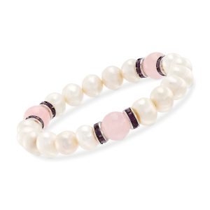 9-10mm Cultured Pearl and 20.00 ct. t.w. Rose Quartz Bead Stretch Bracelet with 4.20 ct. t.w. Purple CZs