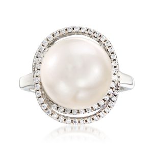 Italian 12mm Cultured Pearl and .78 ct. t.w. CZ Ring in Sterling Silver
