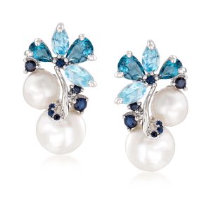 6-8.5mm Cultured Pearl and 2.00 ct. t.w. Sky Blue Topaz and London Blue Topaz Earrings with .10 ct. t.w. Sapphires in Sterling Silver