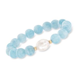 12-13mm Cultured Baroque Pearl and 140.00 ct. t.w. Aquamarine Bead Stretch Bracelet with 14kt Yellow Gold. Adjustable Size