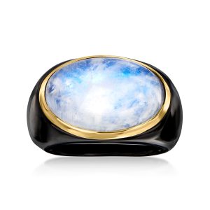 Moonstone and Black Agate Ring with 14kt Yellow Gold