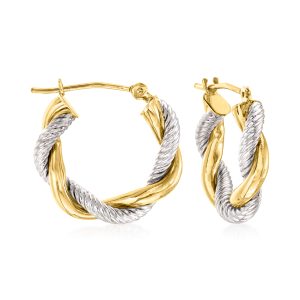 14kt Two-Tone Gold Twisted Hoop Earrings. 5/8"