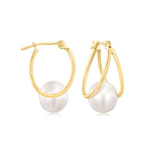 8-9mm Cultured Pearl Double-Hoop Earrings in 14kt Yellow Gold. 3/4"