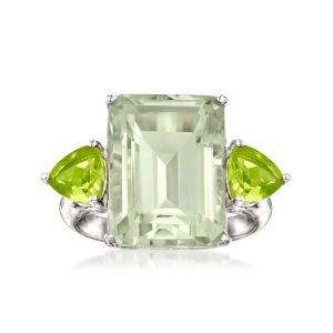 11.00 Carat Emerald-Cut Prasiolite and 1.40 ct. t.w. Peridot Ring in Sterling Silver