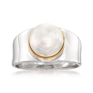 9.5-10mm Cultured Pearl Ring in Sterling Silver with 14kt Gold