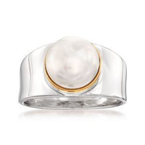9.5-10mm Cultured Pearl Ring in Sterling Silver with 14kt Gold