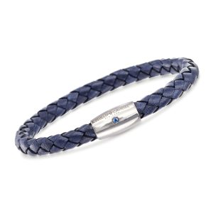 Phillip Gavriel Men's Blue Leather Bracelet with Single Sapphire in Sterling Silver. 8"