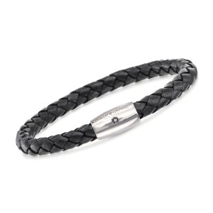 Phillip Gavriel Men's Black Leather Bracelet with Single Sapphire in Sterling Silver. 8"