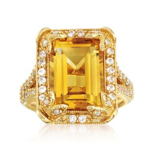 6.00 Carat Citrine and 1.30 ct. t.w. White Topaz Ring with Diamonds in 14kt Gold Over Sterling