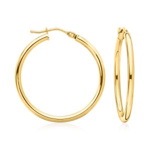 Italian 2mm 18kt Yellow Gold Hoop Earrings. 1 1/8"