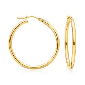 Italian 2mm 18kt Yellow Gold Hoop Earrings. 1 1/8"