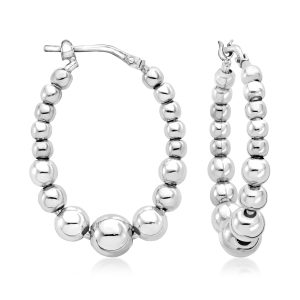 Italian 3-6mm Sterling Silver Bead Oval Hoop Earrings. 1 1/8"