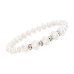 6-8.5mm Cultured Pearl and .25 ct. t.w. Diamond Stretch Bracelet with Sterling Silver
