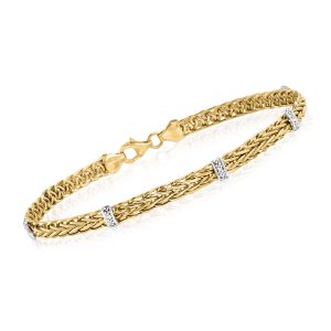14kt Yellow Gold Wheat-Link Bracelet with Diamond Stations