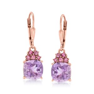 3.60 ct. t.w. Amethyst and .40 ct. t.w. Rhodolite Garnet Drop Earrings in 18kt Rose Gold Over Sterling