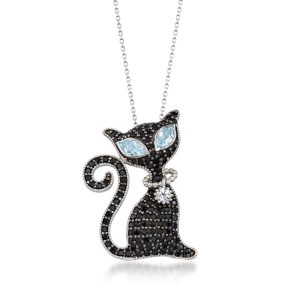 2.00 ct. t.w. Black Spinel and 1.60 ct. t.w. Sky Blue and White Topaz Cat Pin/Pendant Necklace in Sterling