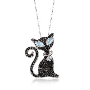 2.00 ct. t.w. Black Spinel and 1.60 ct. t.w. Sky Blue and White Topaz Cat Pin/Pendant Necklace in Sterling