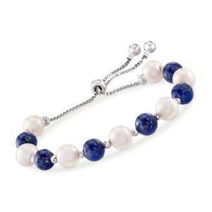 Lapis and 8-9mm Cultured Pearl Bolo Bracelet in Sterling Silver