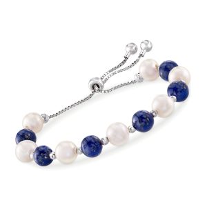 Lapis and 8-9mm Cultured Pearl Bolo Bracelet in Sterling Silver