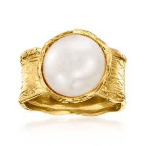 12mm Cultured Button Pearl Ring in 18kt Gold Over Sterling