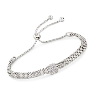 Italian Sterling Silver Mesh Bolo Bracelet with CZ Station