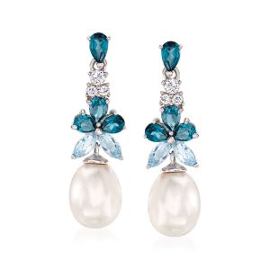 8.5-9mm Cultured Pearl and 2.30 ct. t.w. London, Sky Blue and White Topaz Drop Earrings in Sterling Silver