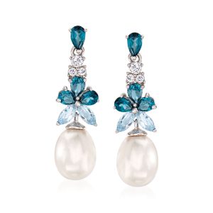 8.5-9mm Cultured Pearl and 2.30 ct. t.w. London, Sky Blue and White Topaz Drop Earrings in Sterling Silver
