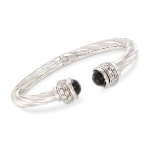 Italian Black Onyx and 1.30 ct. t.w. CZ Twisted Cuff Bracelet in Sterling Silver