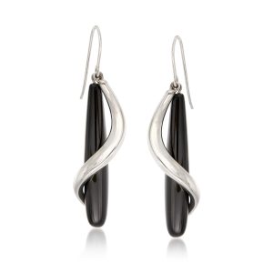 Black Onyx Teardrop and Sterling Silver Spiral Drop Earrings