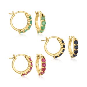 2.60 ct. t.w. Ruby, Emerald and Sapphire Jewelry Set: Three Pairs of Huggie Hoop Earrings in 18kt Gold Over Sterling