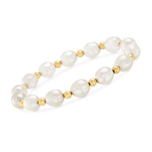 8-9mm Cultured Pearl and 14kt Yellow Gold Bead Stretch Bracelet