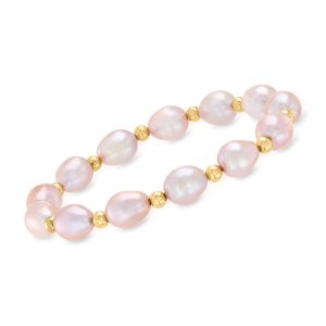 8-9mm Pink Cultured Pearl and 14kt Yellow Gold Bead Stretch Bracelet