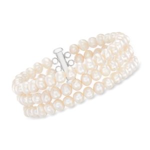 5-6mm Cultured Pearl Three-Strand Bracelet with Sterling Silver