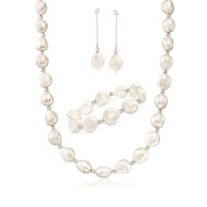 11-12mm Cultured Baroque Pearl and Sterling Silver Jewelry Set: Earrings, Bracelet and Necklace
