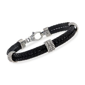 Phillip Gavriel Men's Black Leather Station Bracelet with Sterling Silver. 8.25"